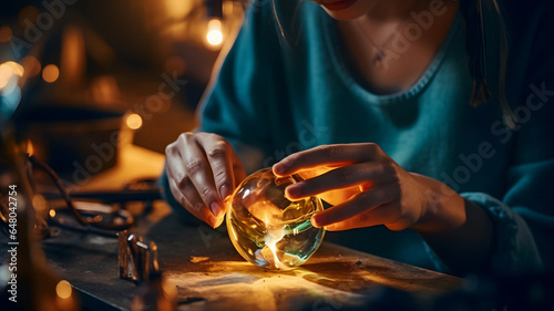 someone is making a glass ball with a light on it Generative AI