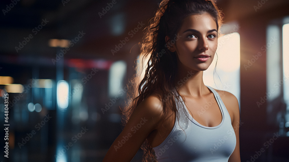 arafed woman in a white tank top standing in a gym Generative AI