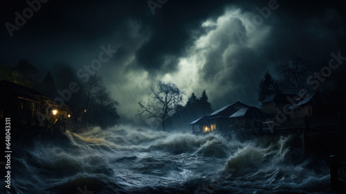 Dark Fantasy Illustration: Eerie Moonlit Night with Mysterious Reflections and Haunting Clouds