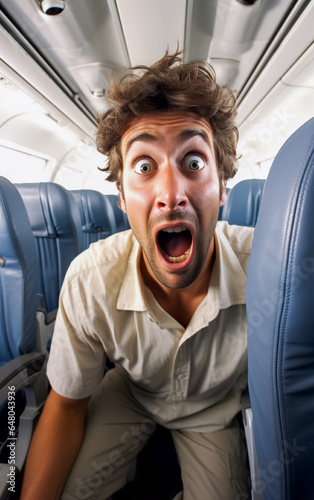 A man with an terrified look sitting in an airplane seat while a turbulence