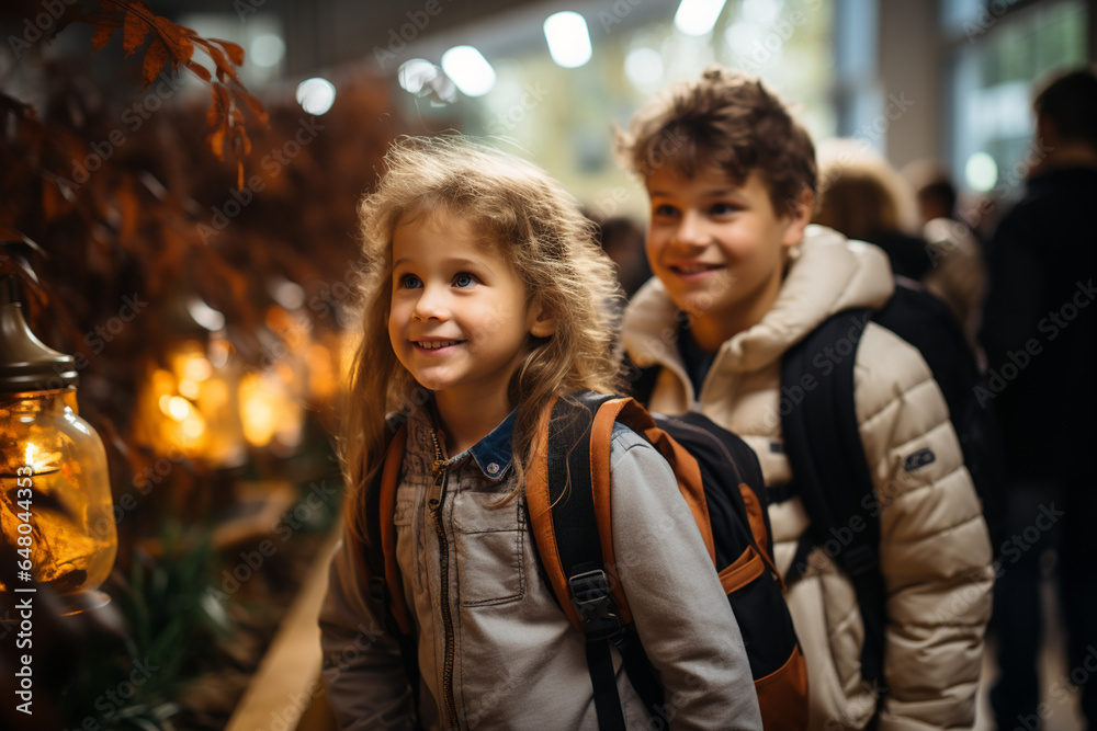 custom made wallpaper toronto digitalBoy and girl little pupils classmates school children together in the school background. Start of new academic year, school education concept. AI Generative
