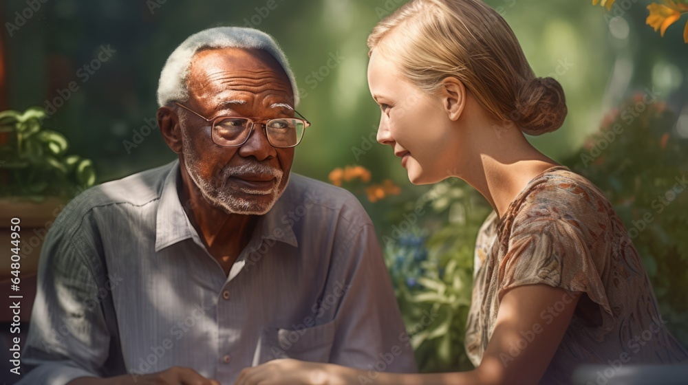 Elderly African-American man and blonde girl sitting in a blooming park on a sunny day Elderly African-American man and blonde girl sitting in a blooming park on a sunny day