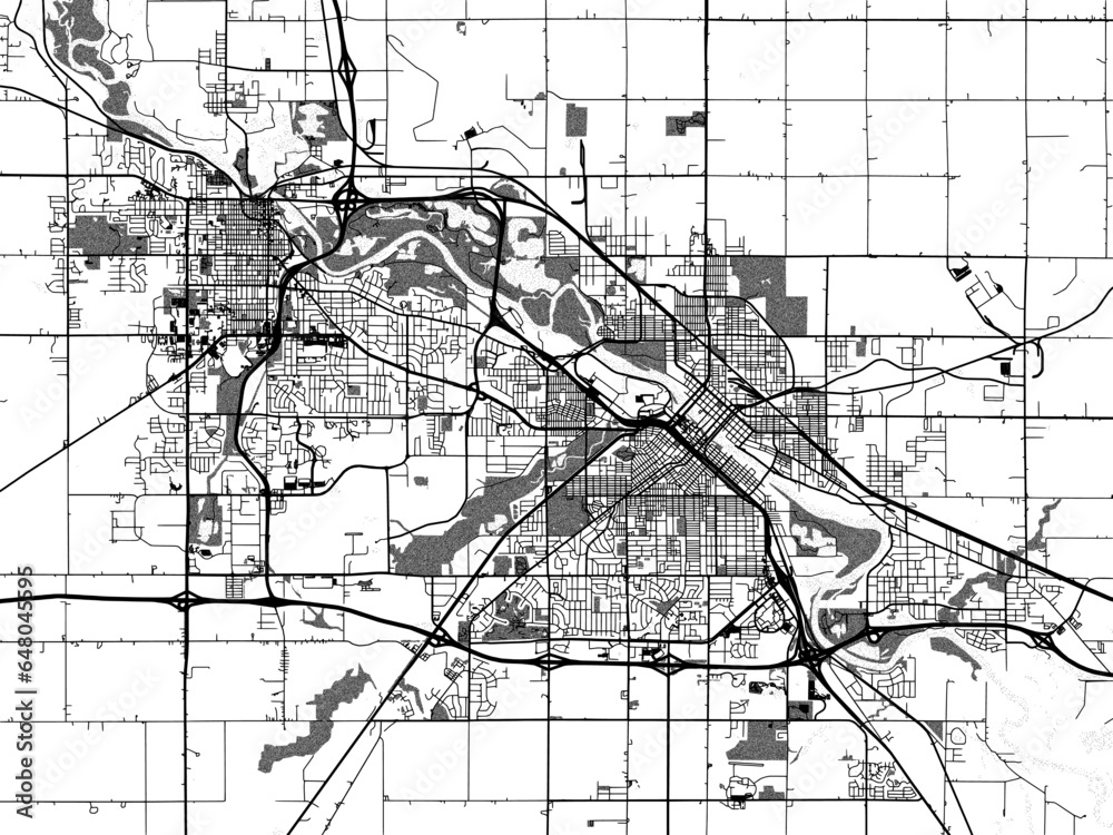Fototapeta premium Greyscale vector city map of Waterloo Iowa in the United States of America with with water, fields and parks, and roads on a white background.
