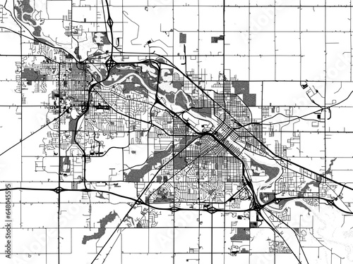 Greyscale vector city map of Waterloo Iowa in the United States of America with with water, fields and parks, and roads on a white background.