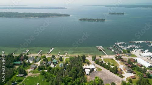 Aerial back view of Hessel Michigan, Les Cheneaux Islands, Lake Huron photo