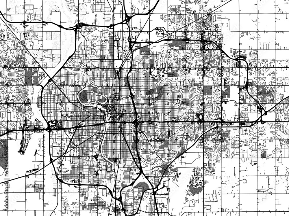 Greyscale vector city map of Wichita Kansas in the United States of