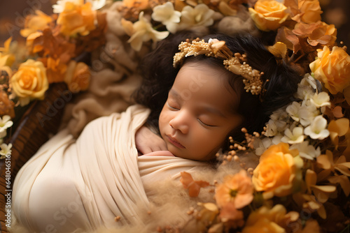 Baby sleeping surounded by flowers photo