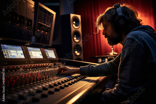 An immersed sound engineer is surrounded by an array of advanced mixing tools, refining a musical track in a high-tech studio environment