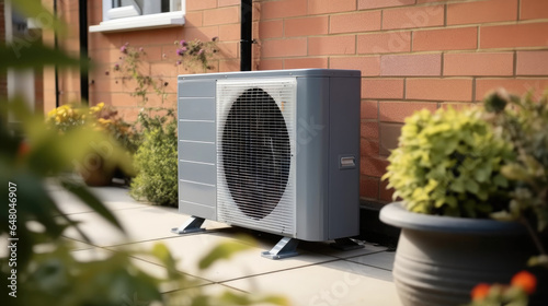 Air source heat pump heating unit installed on the outside of a house. Sustainable and clean energy at home. © visoot