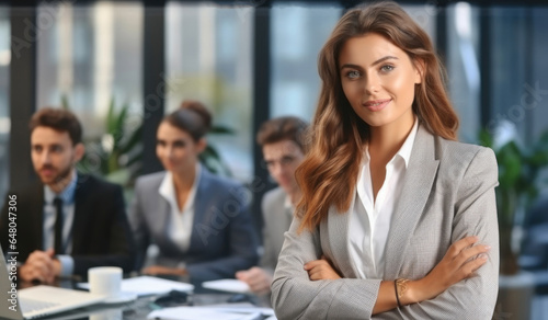 Smiling business woman standing with arms crossed in consulting firm, Positive confident professional, Confident good looking.
