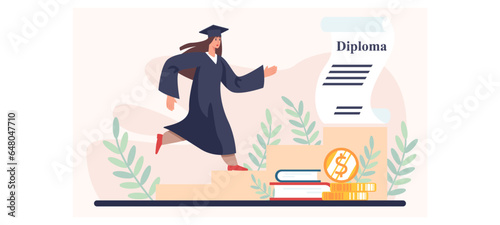 Woman finishing university and getting diploma. Student climbs pedestal to receive diploma. Academician celebrating graduation. Flat vector illustration in cartoon style