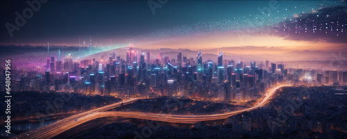 Smart city with particle glowing light connection design, big data connection technology concept	
