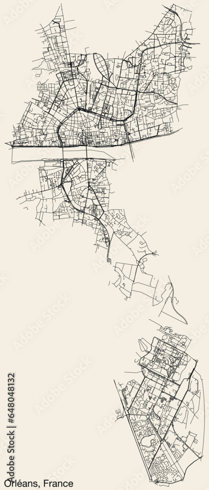 Obraz premium Detailed hand-drawn navigational urban street roads map of the French city of ORLÉANS, FRANCE with solid road lines and name tag on vintage background