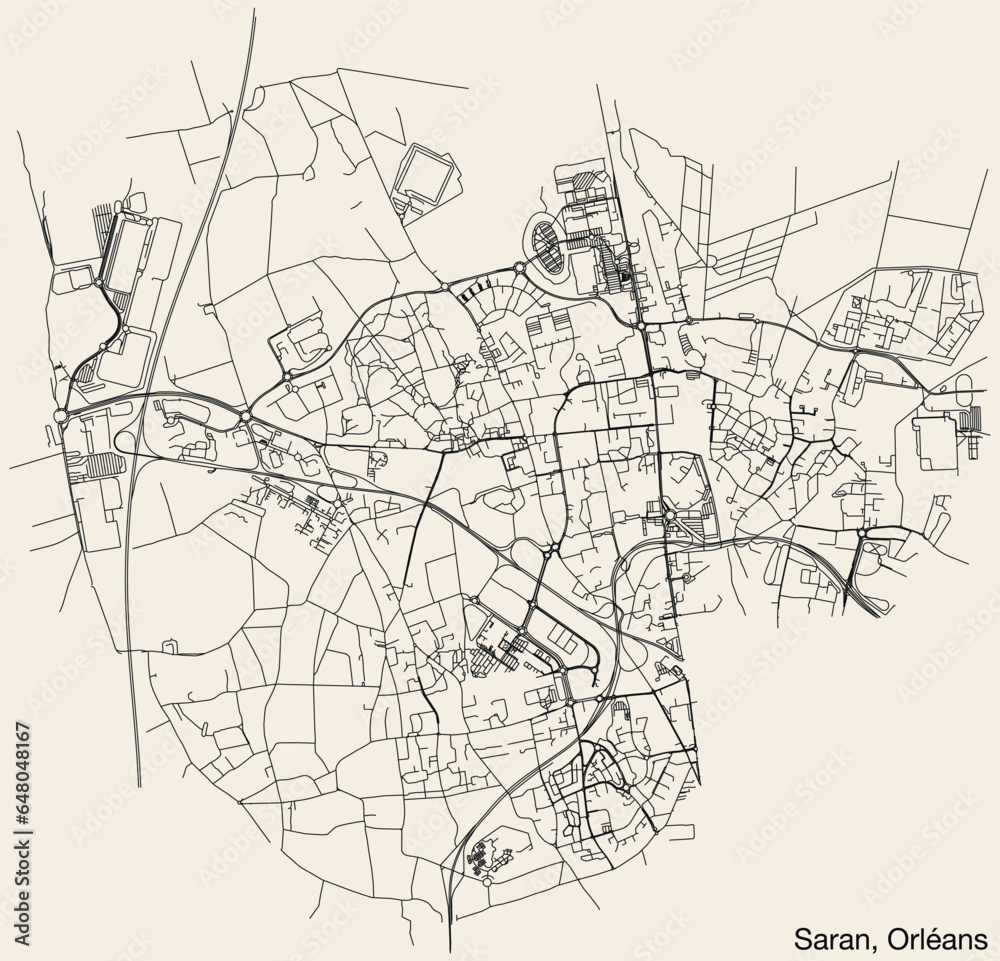 Detailed hand-drawn navigational urban street roads map of the SARAN NEIGHBOURHOOD of the French city of ORLÉANS, France with vivid road lines and name tag on solid background