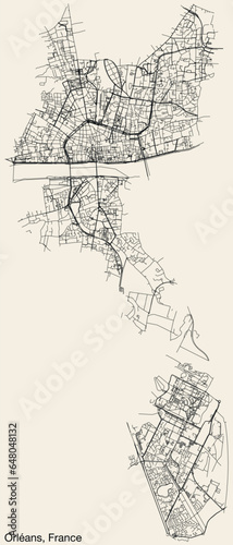 Detailed hand-drawn navigational urban street roads map of the French city of ORLÉANS, FRANCE with solid road lines and name tag on vintage background