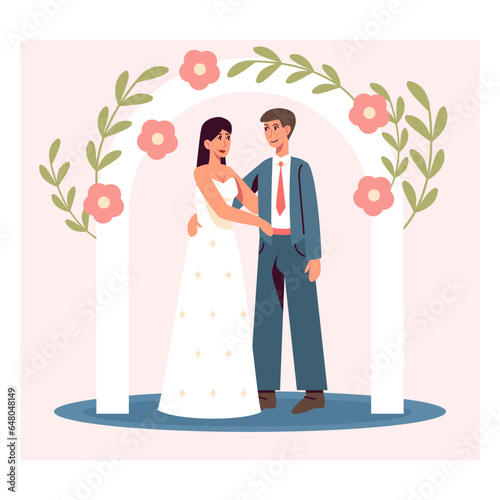 Beautiful postcard with young happy couple. Man and woman hugging each other, standing near marriage arch and celebrate wedding. Flat vector illustration in cartoon style in blue and red colors