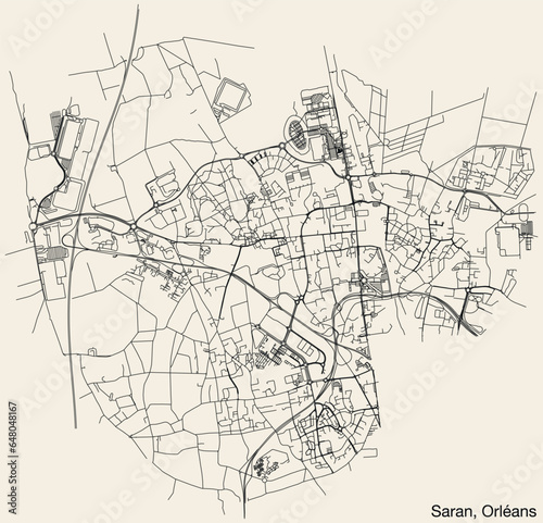 Detailed hand-drawn navigational urban street roads map of the SARAN NEIGHBOURHOOD of the French city of ORLÉANS, France with vivid road lines and name tag on solid background