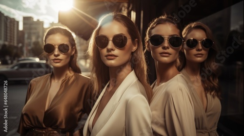 Group of fashion and stylish young models in sunglasses posing on the city street.