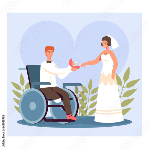 Young male in wheelchair giving ring to beautiful bride. Wedding ceremony for man with special needs and woman. Flat vector illustration in blue and green colors
