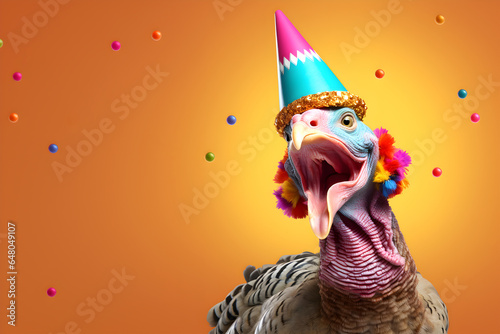 Creative animal concept. Turkey bird in party cone hat necklace bowtie outfit isolated on solid pastel background advertisement, copy text space. birthday party invite invitation