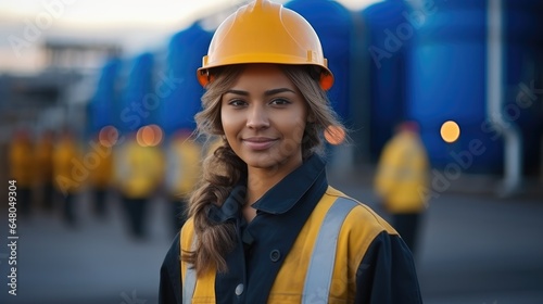 Industrial Woman working at oil refinery. © visoot