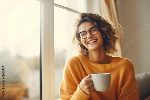 Tableau sur toile Portrait of cheerful young woman enjoying a cup of coffee at home
