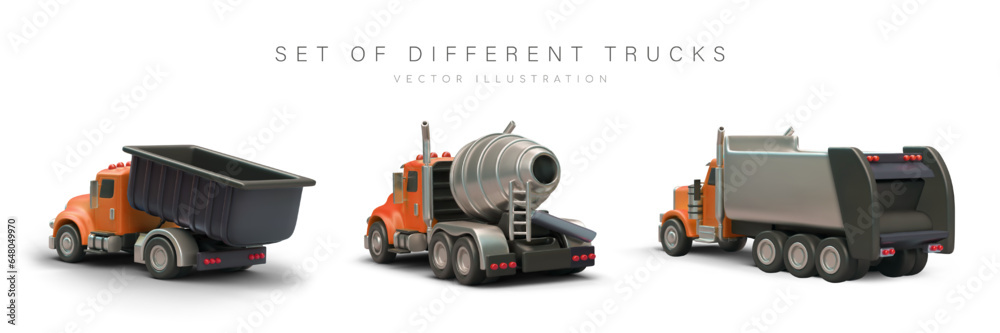 Set of 3D trucks with orange cab, rear view. Industrial trucks with different body types. Dump truck, concrete mixer, garbage truck. Realistic isolated image on white background Set of 3D trucks with orange cab, rear view. Industrial trucks with different body types. Dump truck, concrete mixer, garbage truck. Realistic isolated image on white background