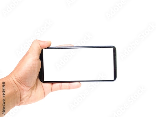 Male hand holding a white screen horizontally on a white background business idea.