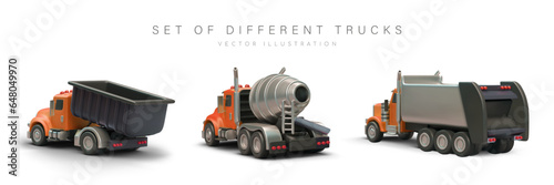 Set of 3D trucks with orange cab, rear view. Industrial trucks with different body types. Dump truck, concrete mixer, garbage truck. Realistic isolated image on white background