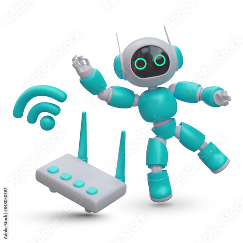 Funny realistic robot, router, wifi signal symbol. Wireless communication. Vector composition in cartoon style. Internet provider advertisement, ISP. Chatbot, online support