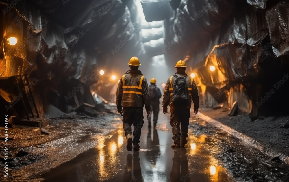 Worker under ground in a tunnel, Group of workers walking through a dark tunnel in a mining quarry.