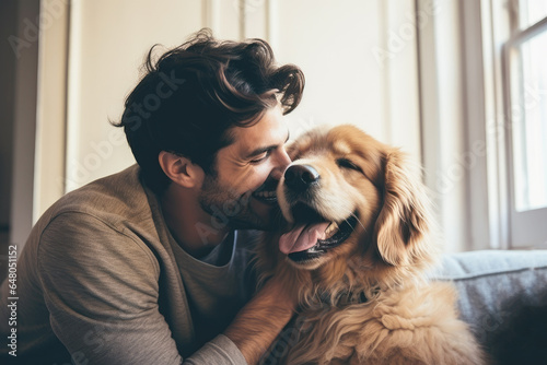 man with dog in living room