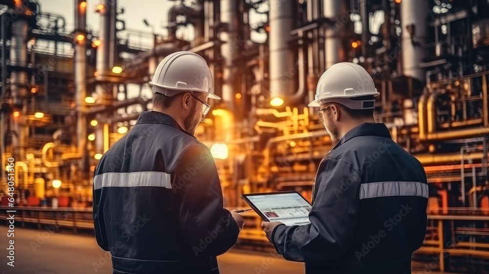 Two engineers with tablet computers remote testing of the functionality of oil refinery components.