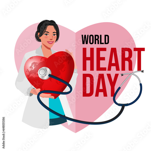 A woman hold a heart with a big stethoscope for world heart day photo