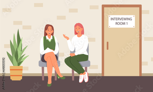 Young female candidates waiting for interview and talking, discuss work duties. Interviewing concept. Job search, interviewing. Flat vector illustration in green colors