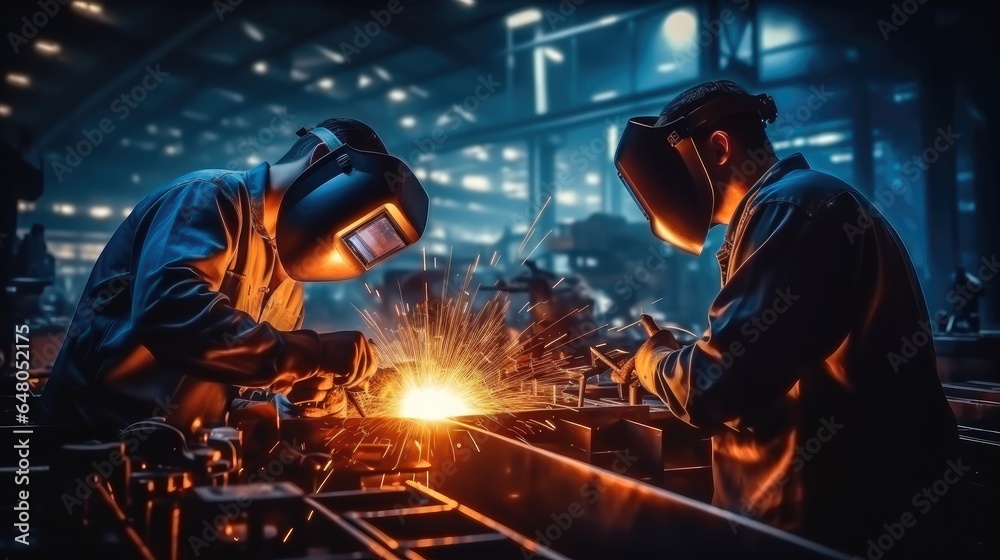 Man wearing helmets and doing welding, heavy-duty industry and manufacturing plant, Iron and metal industry workers, Welding job. Man wearing helmets and doing welding, heavy-duty industry and manufacturing plant, Iron and metal industry workers, Welding job.
