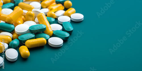 Many colorful pills on blue background different sizes tablets medicine concept tratament Healing Hues Diverse Medicine on Blue Background AI Generative 
 photo