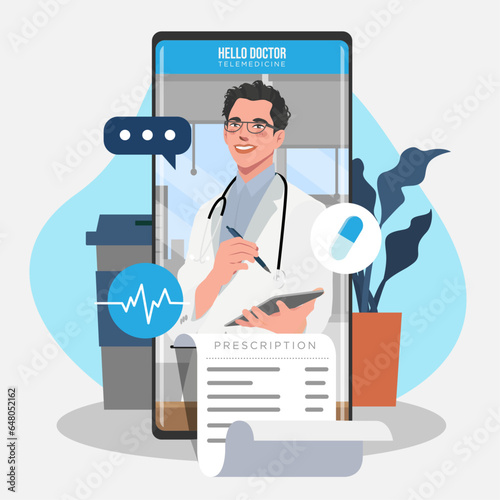 A male doctor gives a prescription on telemedicine app