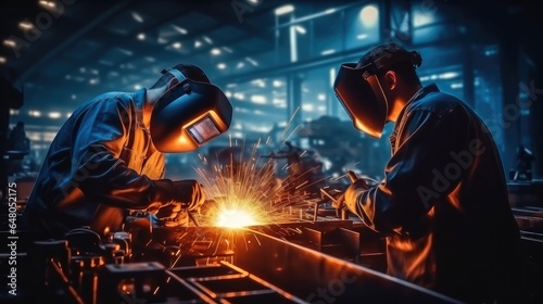 Man wearing helmets and doing welding, heavy-duty industry and manufacturing plant, Iron and metal industry workers, Welding job.