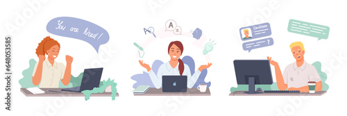Set of different young workers passing interview online. Young female happy to be hired. Lady telling HR about skills. Interviewing concept. Candidate answering on questions. Flat vector illustration