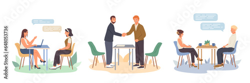 Man and woman on interview talking with HR. Males shaking hands. Process of talking with candidates. Human resource management representatives. Vector flat illustration