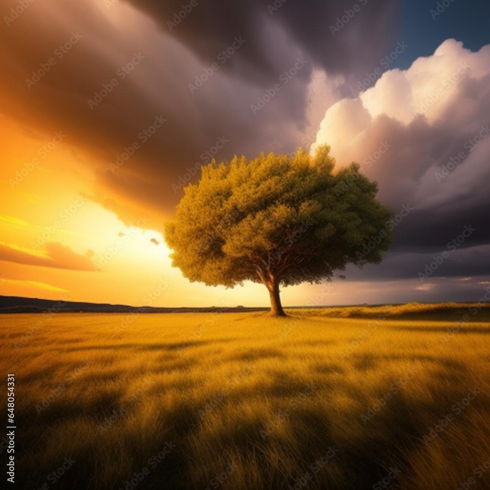 Fototapeta premium Storm clouds over grassland with isolated tree. Generative AI