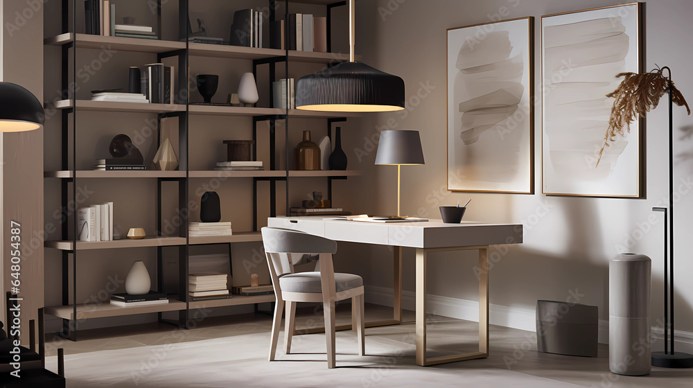 A modern home office space with a minimalist design approach, set against the backdrop of a serene morning. Clean lines and muted colors dominate the scene, with a sleek wooden desk taking center stag A modern home office space with a minimalist design approach, set against the backdrop of a serene morning. Clean lines and muted colors dominate the scene, with a sleek wooden desk taking center stag
