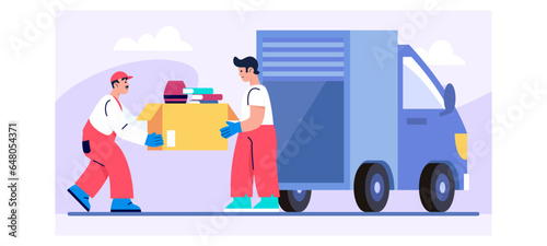 Young males holding big box with books and carry it to truck. Helping to move. Transportation and delivery concept. Flat vector illustration in blue colors in cartoon style