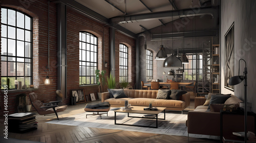 ndustrial-style loft apartment. Exposed brick walls and metal beams contrast with modern furniture. Large windows reveal a cityscape, and pendant lights hang from the high ceiling.