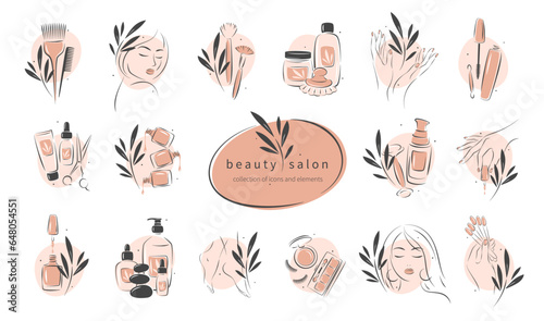 Big set of elements and icons for beauty salon. Nail polish,  manicured female hands, beautiful woman face, lipstick, eyelash extension, makeup, hairdressing. Vector illustrations © Tatiana Bass