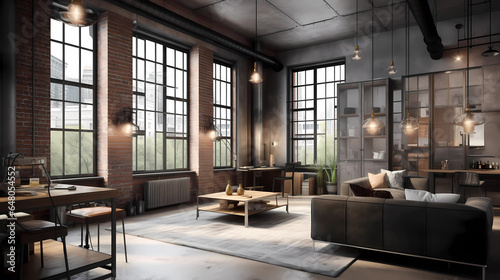 ndustrial-style loft apartment. Exposed brick walls and metal beams contrast with modern furniture. Large windows reveal a cityscape, and pendant lights hang from the high ceiling.