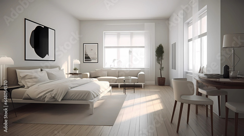 minimalist studio apartment. Every piece of furniture and decor serves a purpose  embodying the  less is more  philosophy. Neutral tones  clean lines  and ample open space dominate. Large windows allo