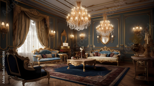 luxurious classical European living room. A large crystal chandelier is the centerpiece, dispersing soft golden light throughout the room. The walls are adorned with intricate gold leaf designs and pa