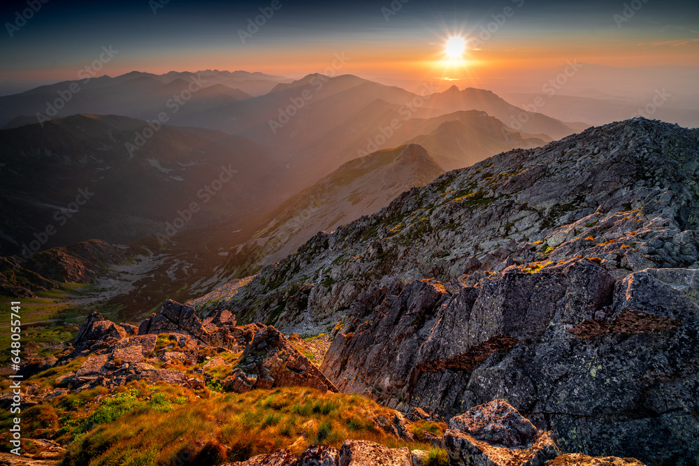 Fantastic evening at Świnica in the High Tatras. Sunset in high mountains, Poland, Slovakia. Delicate light falling on the top
